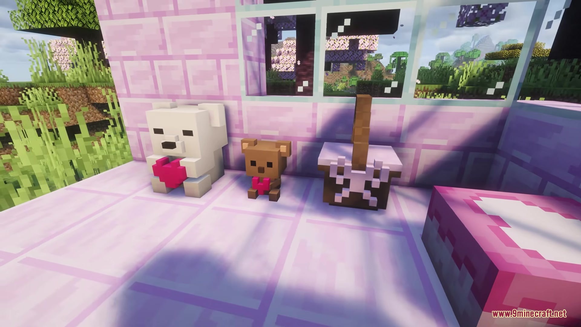 Cute stuffed bears holding hearts next to a picnic basket on pink tiles