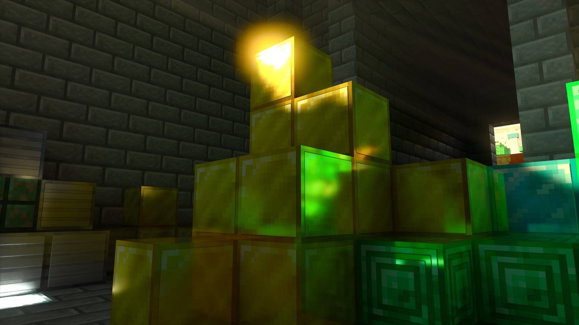 Realistic reflections on stacked gold emerald and diamond blocks in a room