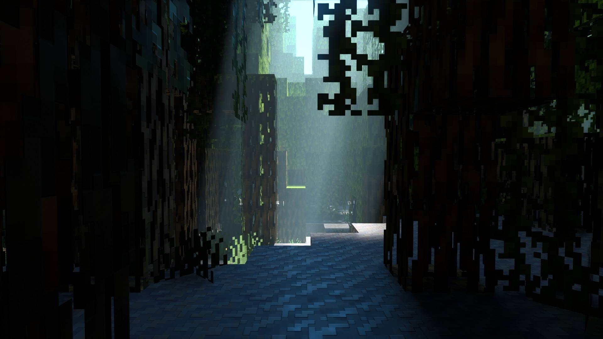 Sunlight rays filtering through trees onto a path with deep ray traced shadows