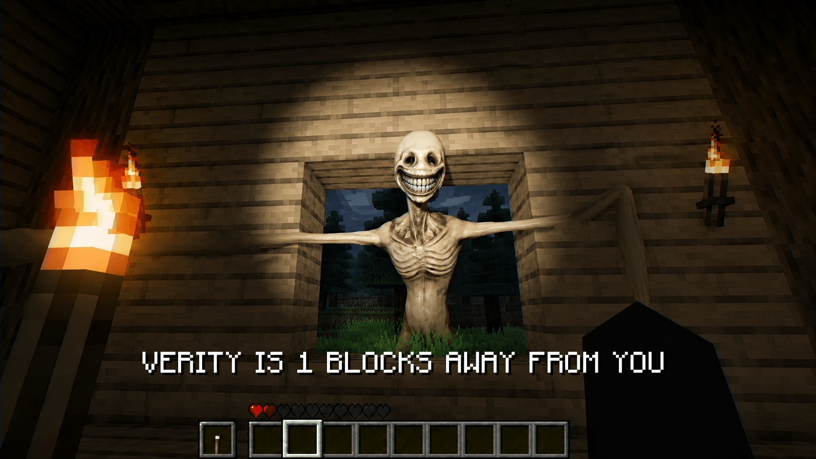 Verity Addon Screenshot 1 A creepy pale monster staring through a window at a low health player
