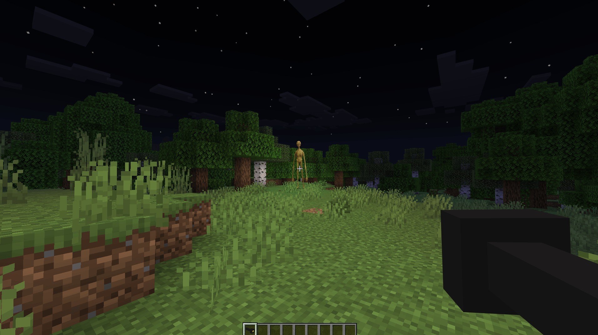 Verity Addon Screenshot 5 A tall slender yellow entity stands in a dark forest at night