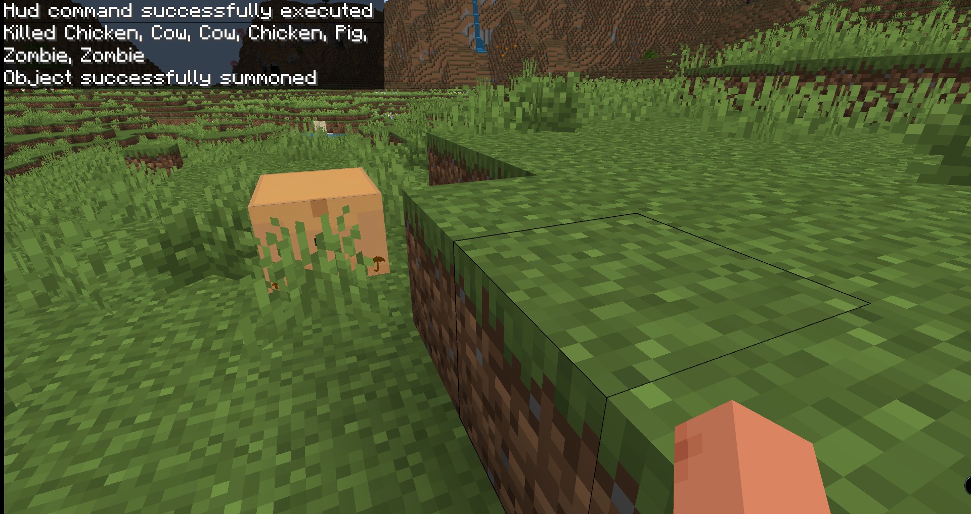 Verity Addon Screenshot 8 Small blocky tan colored entity summoned on grass with chat commands visible