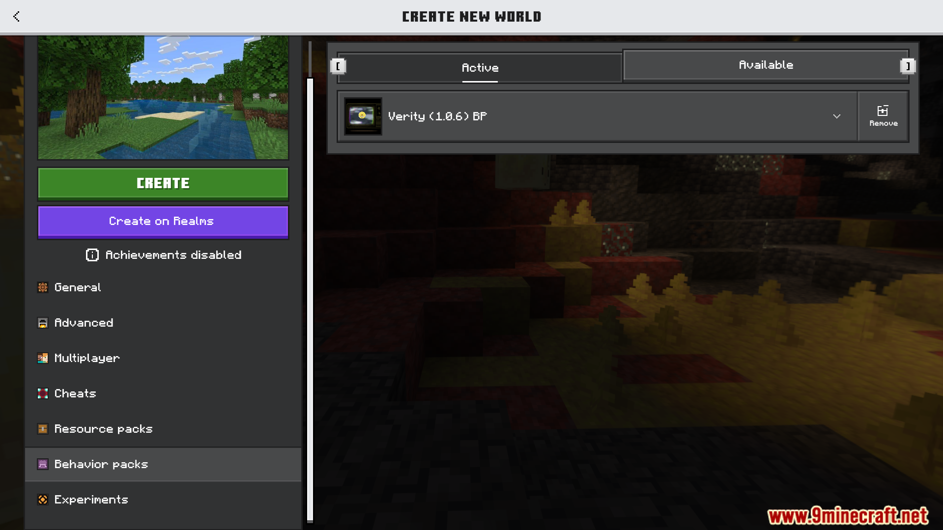 Verity BE Addon Screenshot 1 Activating the Verity behavior pack in the Minecraft world creation menu