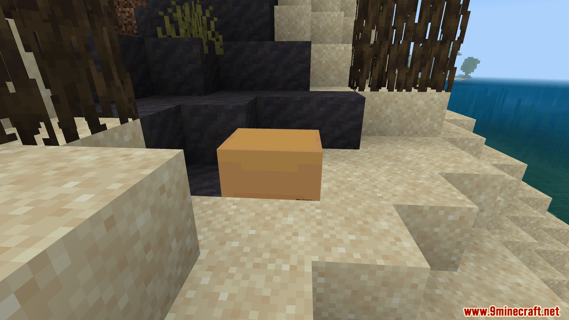 Verity BE Addon Screenshot 2 A mysterious yellow companion entity sitting on sand in a Minecraft world