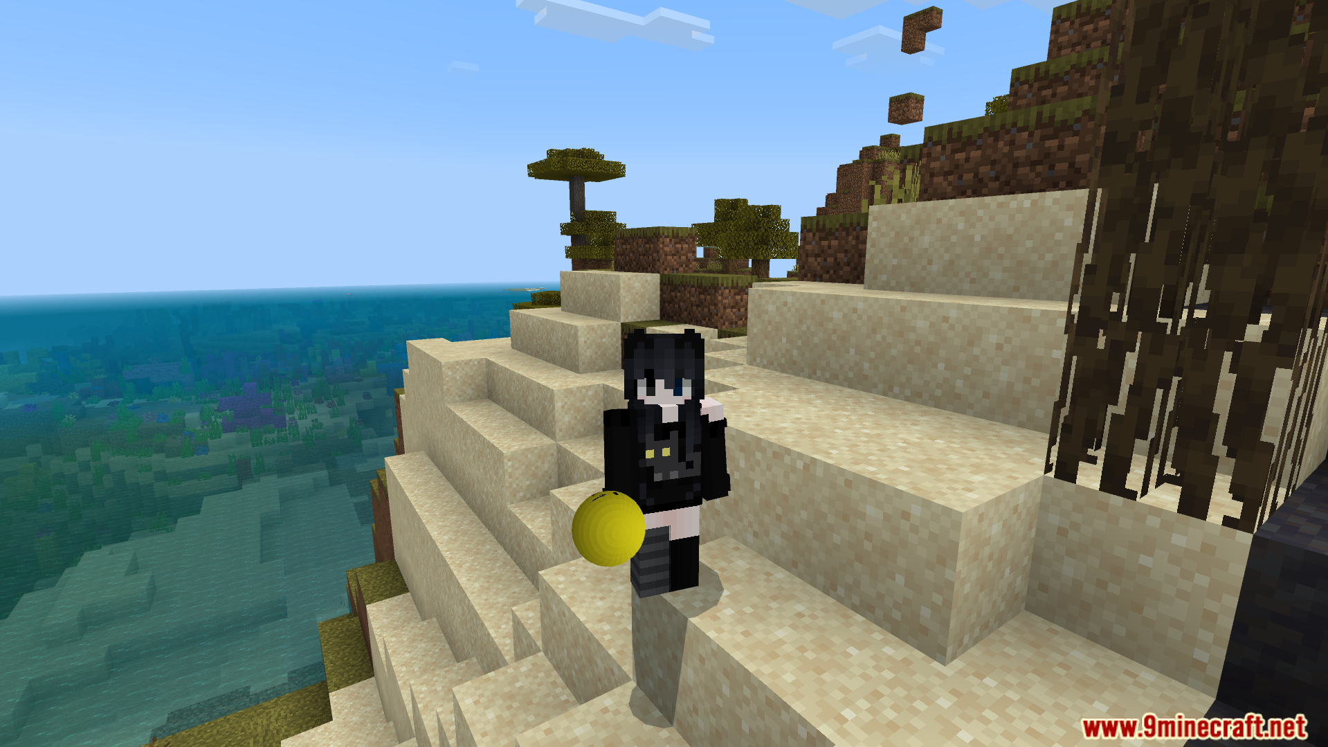 Verity BE Addon Screenshot 4 Player character holding the yellow companion entity while standing on a sandy hill