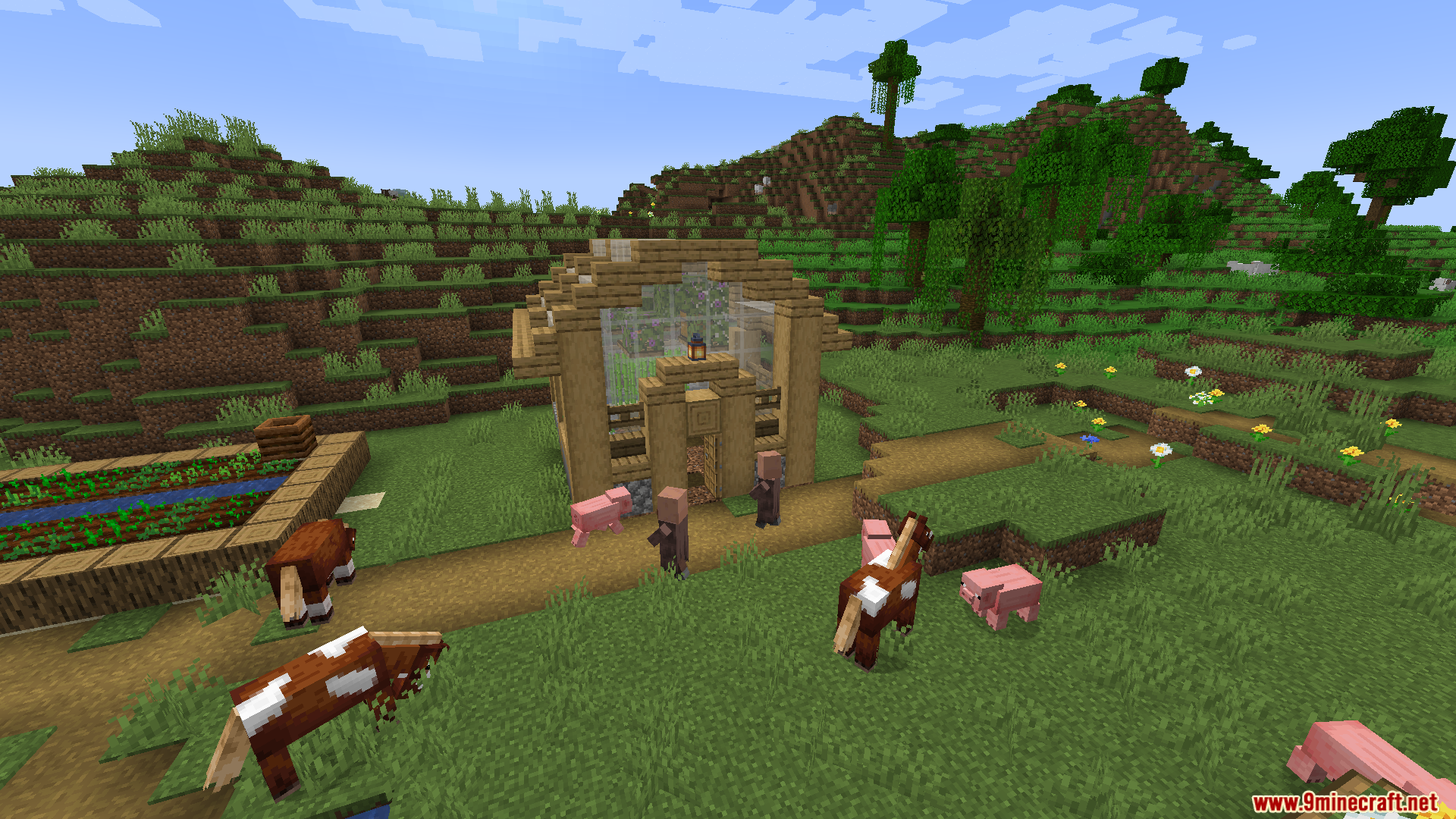 Villagers Plus PT BR Translation Resource Pack Screenshot 4 Villagers and farm animals gather around a small wooden greenhouse in a village