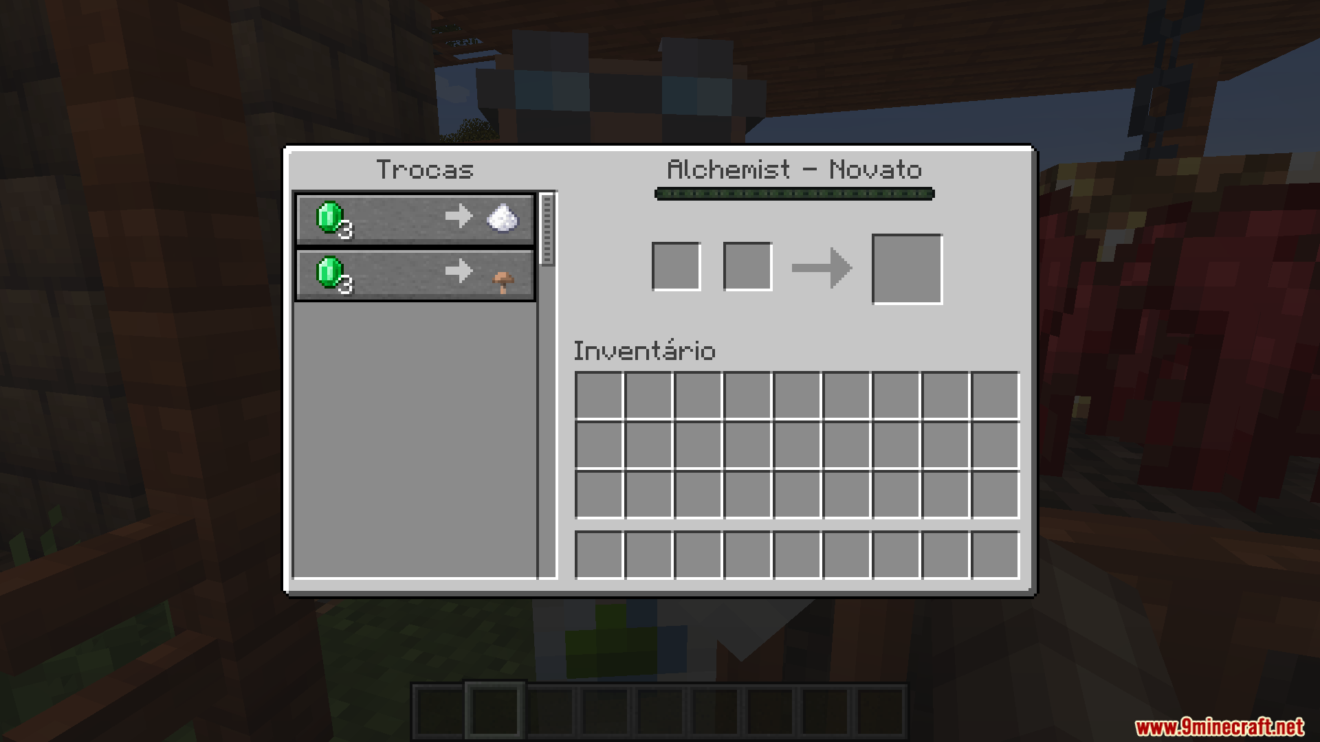 Villagers Plus PT BR Translation Resource Pack Screenshot 5 Alchemist villager trading interface translated into Brazilian Portuguese for Villagers Plus