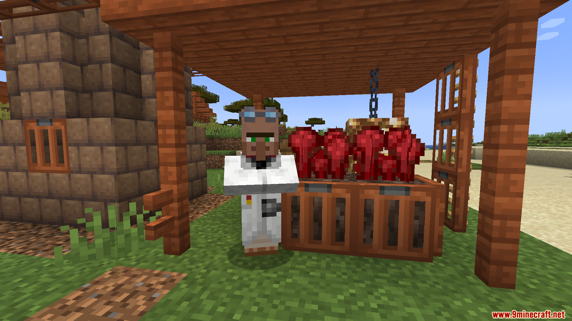 Villagers Plus PT BR Translation Resource Pack Screenshot 6 An alchemist villager wearing a lab coat standing near a nether wart brewing station