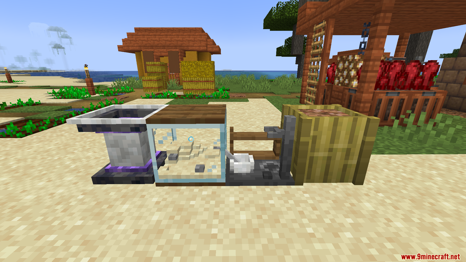 Villagers Plus PT BR Translation Resource Pack Screenshot 7 Unique crafting stations and decorative blocks placed on sand near a village