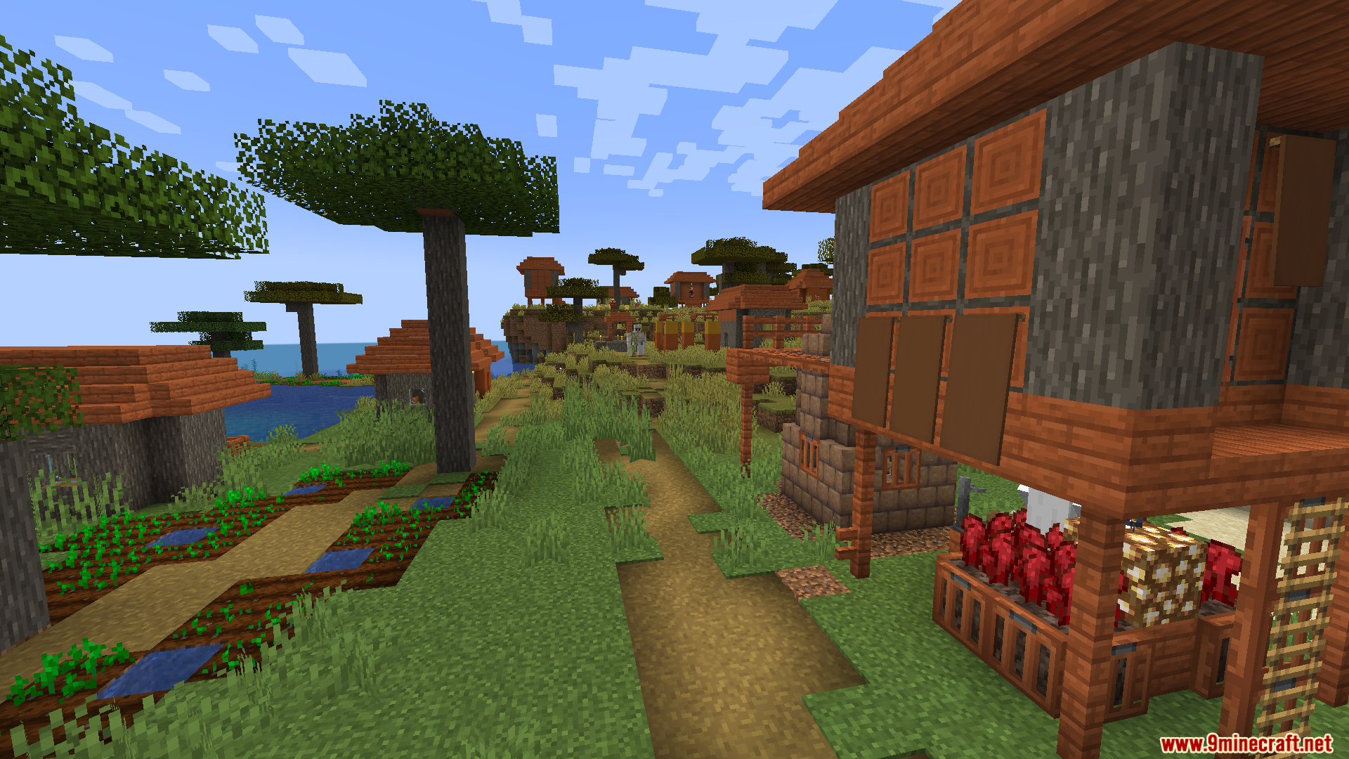Villagers Plus PT BR Translation Resource Pack Screenshot 8 Savanna village with custom buildings and a villager walking on a path