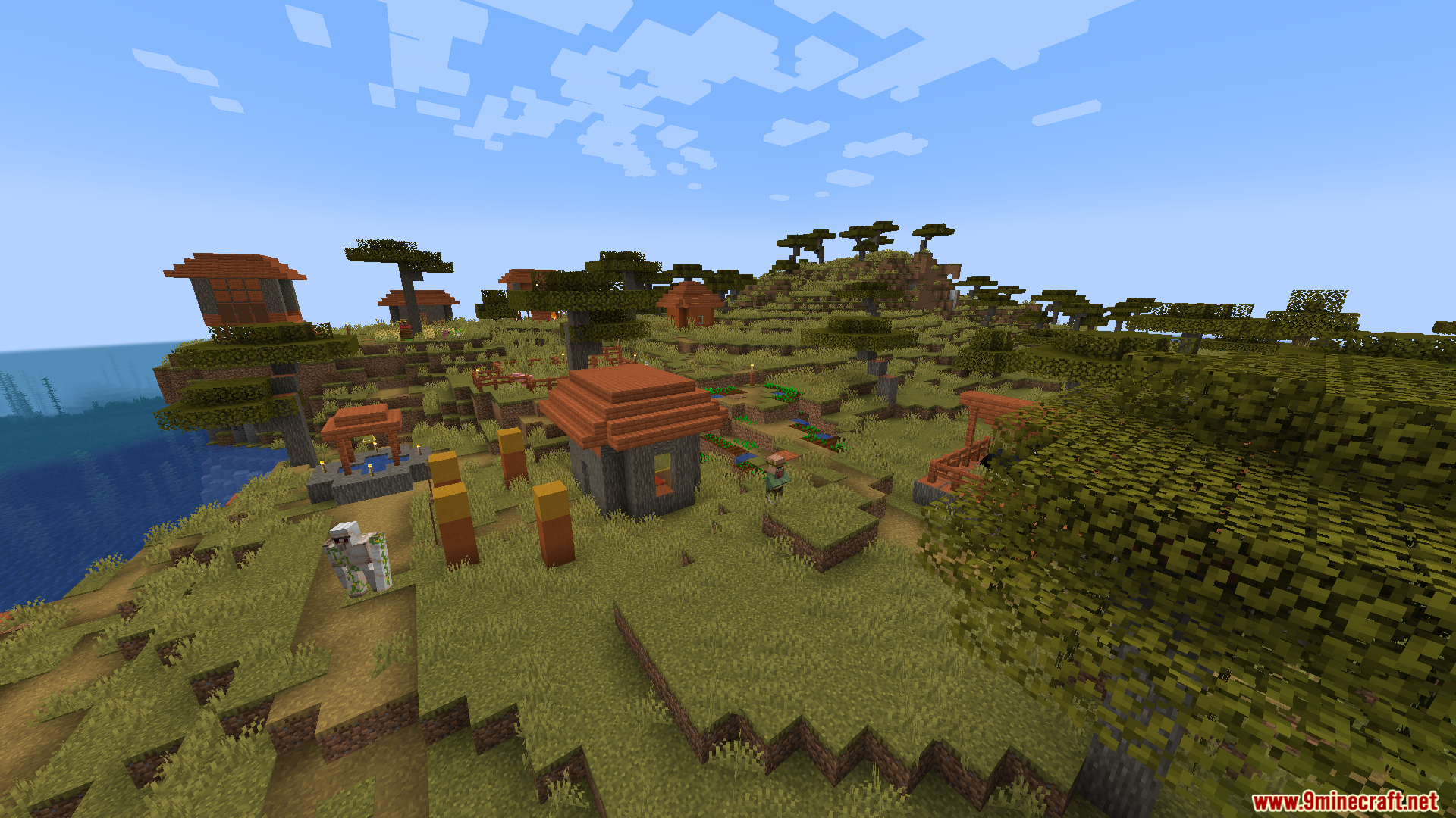 Villagers Plus PT BR Translation Resource Pack Screenshot 9 A peaceful savanna village featuring acacia wood houses and an iron golem