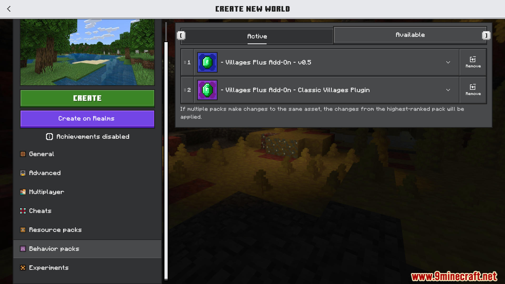 Minecraft world creation menu with Villages Plus Addon behavior packs active