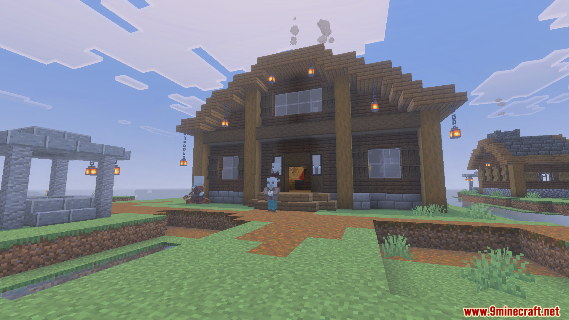 Detailed dark oak house with an illager and lanterns in a new village