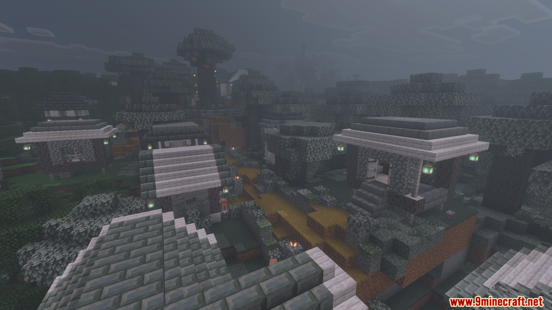 Villages Plus Addon adds dark oak villages with stone roofs and lanterns