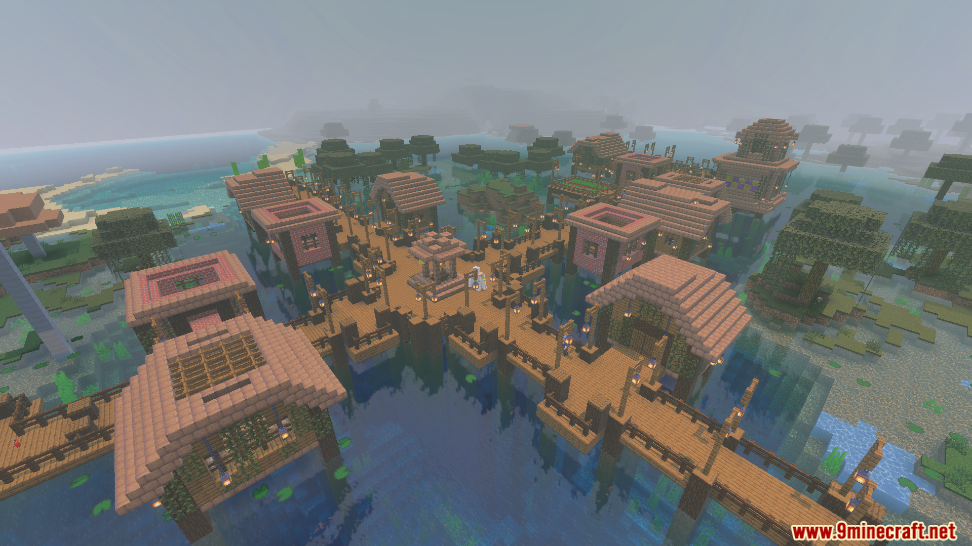 New village layout with wooden bridges and an iron golem over water
