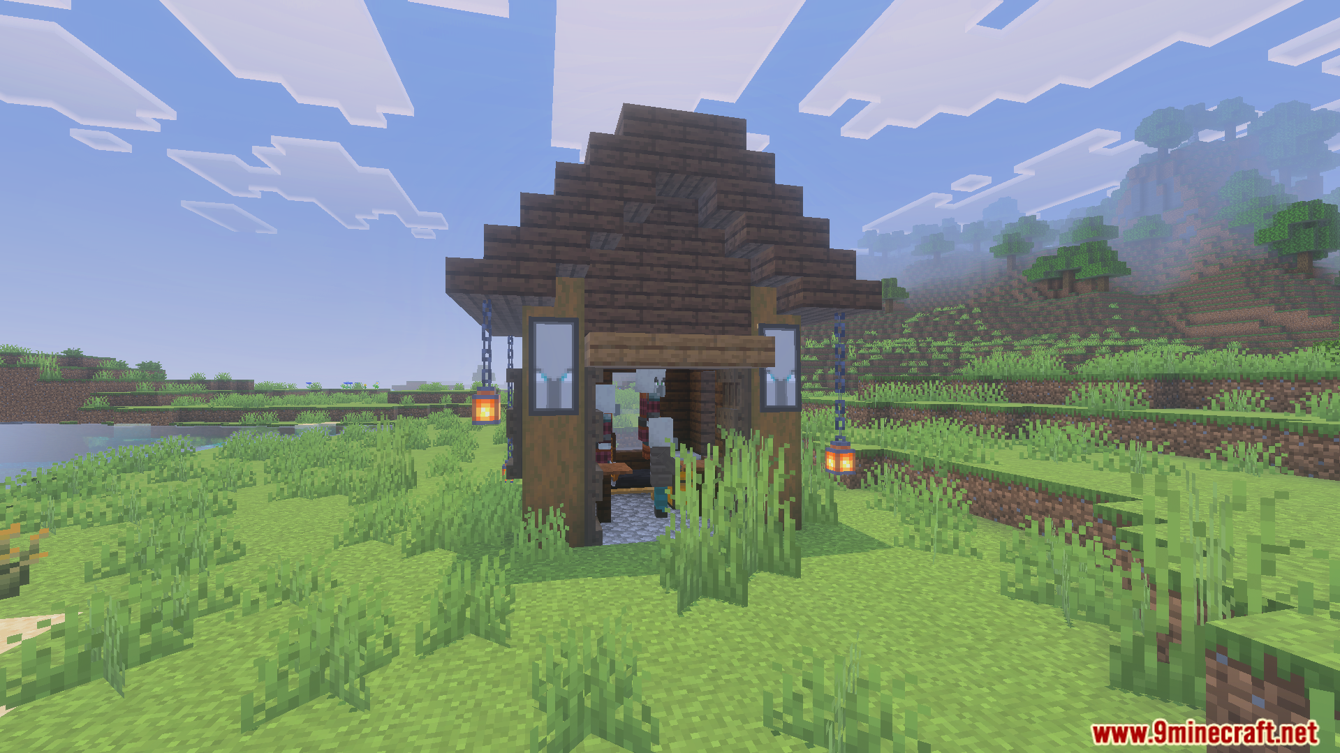 A small dark oak village structure with banners and hanging lanterns