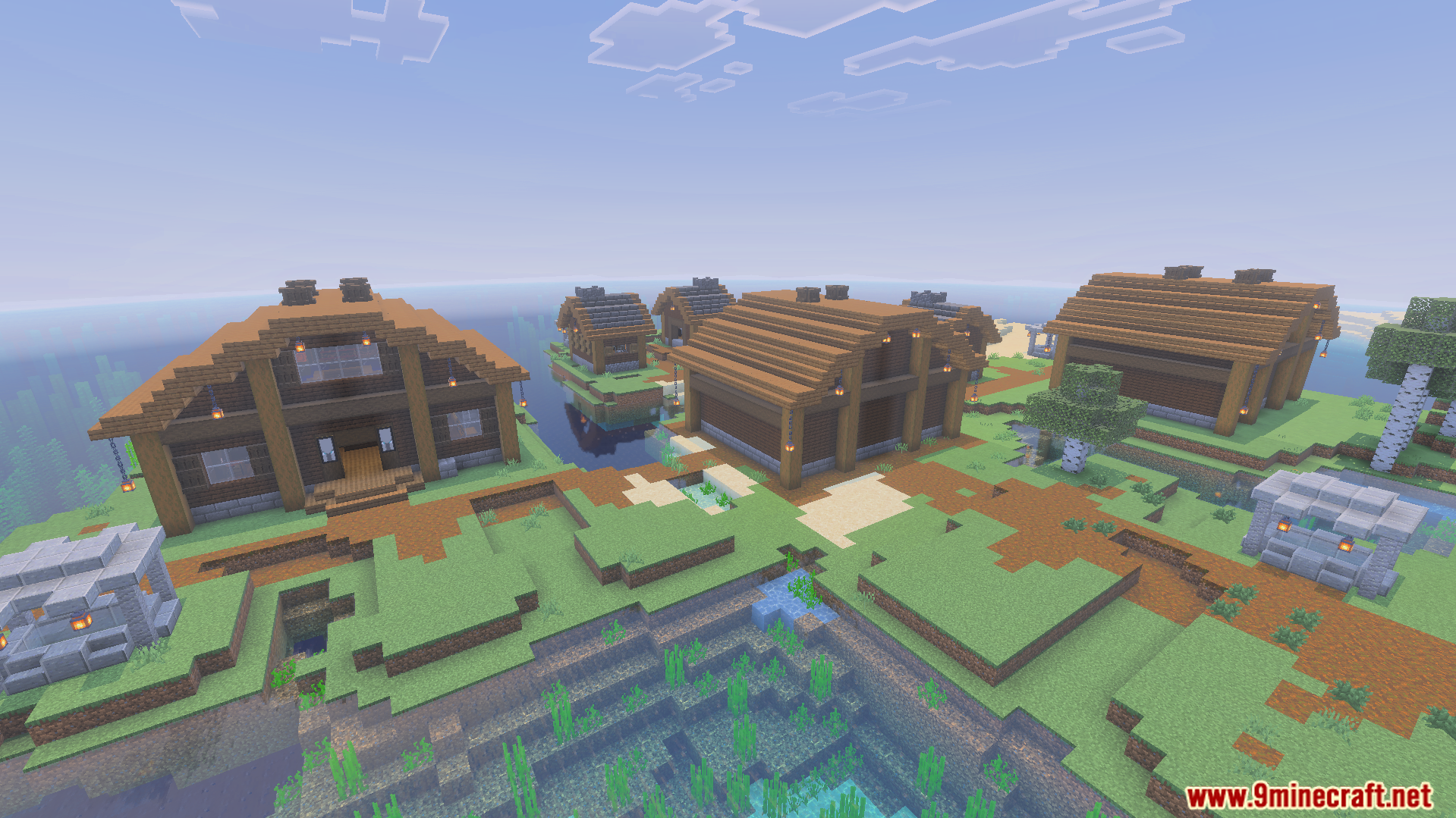 Dark oak village with detailed paths and houses from the Villages Plus Addon