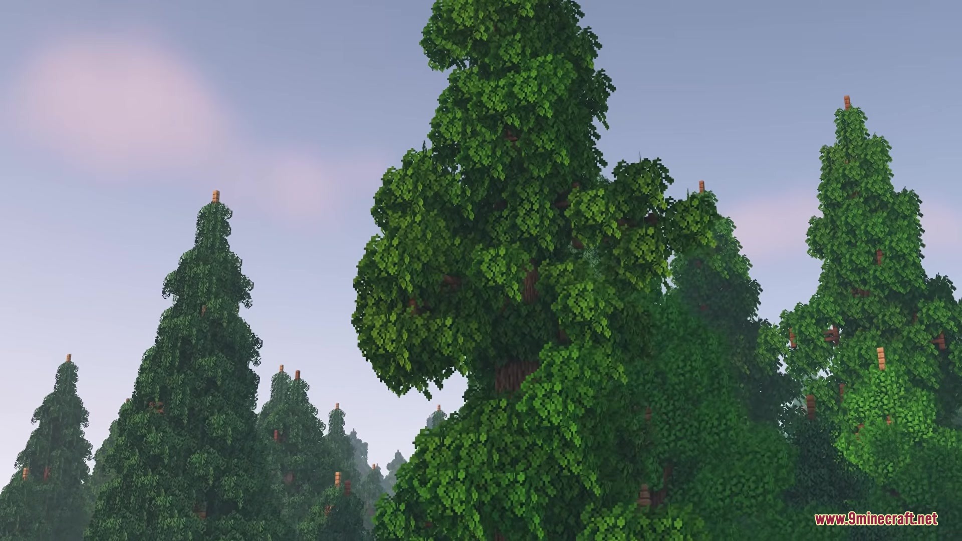 Vines & Leaves Hotbar Resource Pack Screenshot 2 Tall custom trees with dense green leaves under a clear blue sky