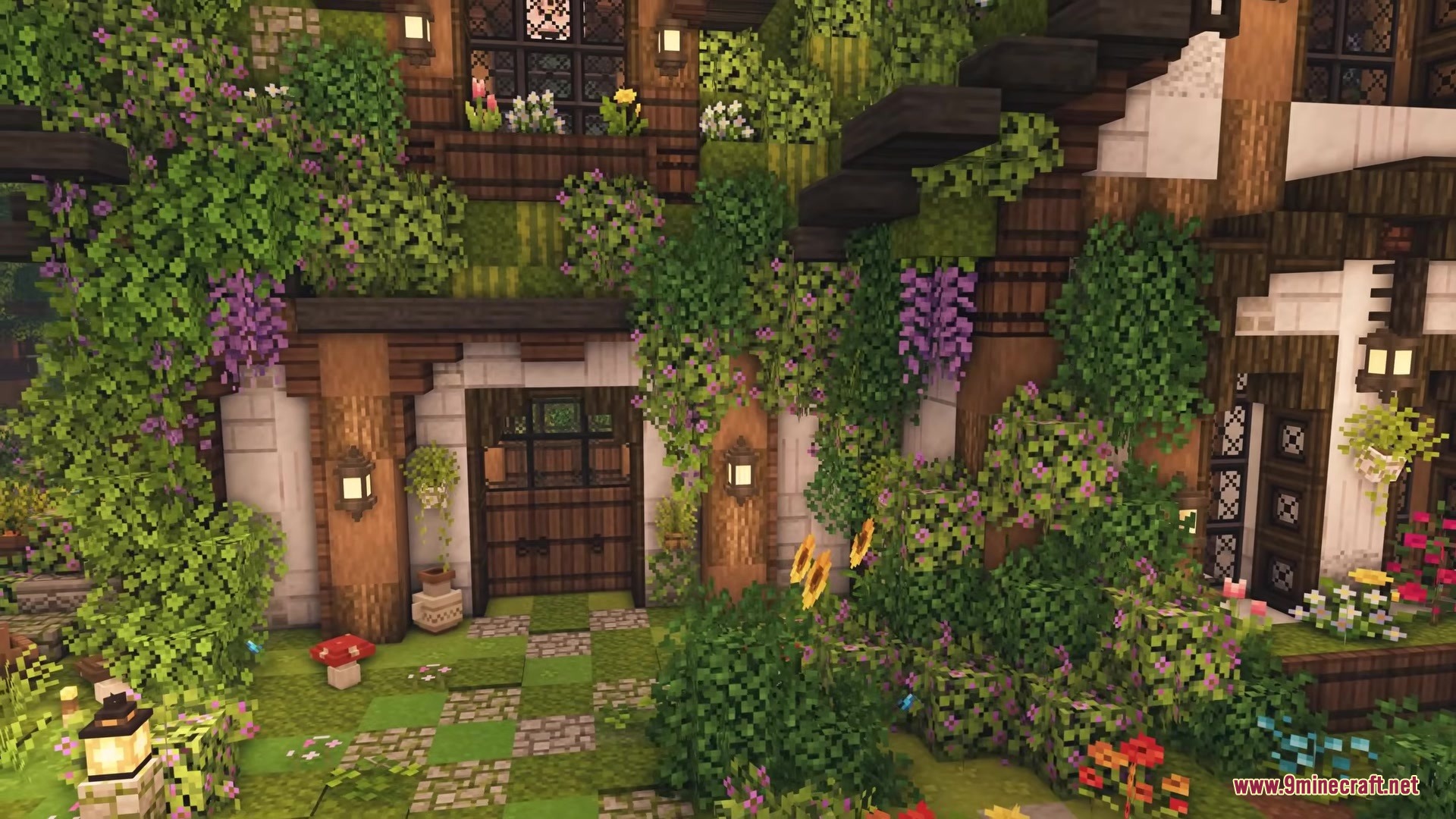 Vines & Leaves Hotbar Resource Pack Screenshot 4 Rustic wooden house facade covered in thick green vines and flowers