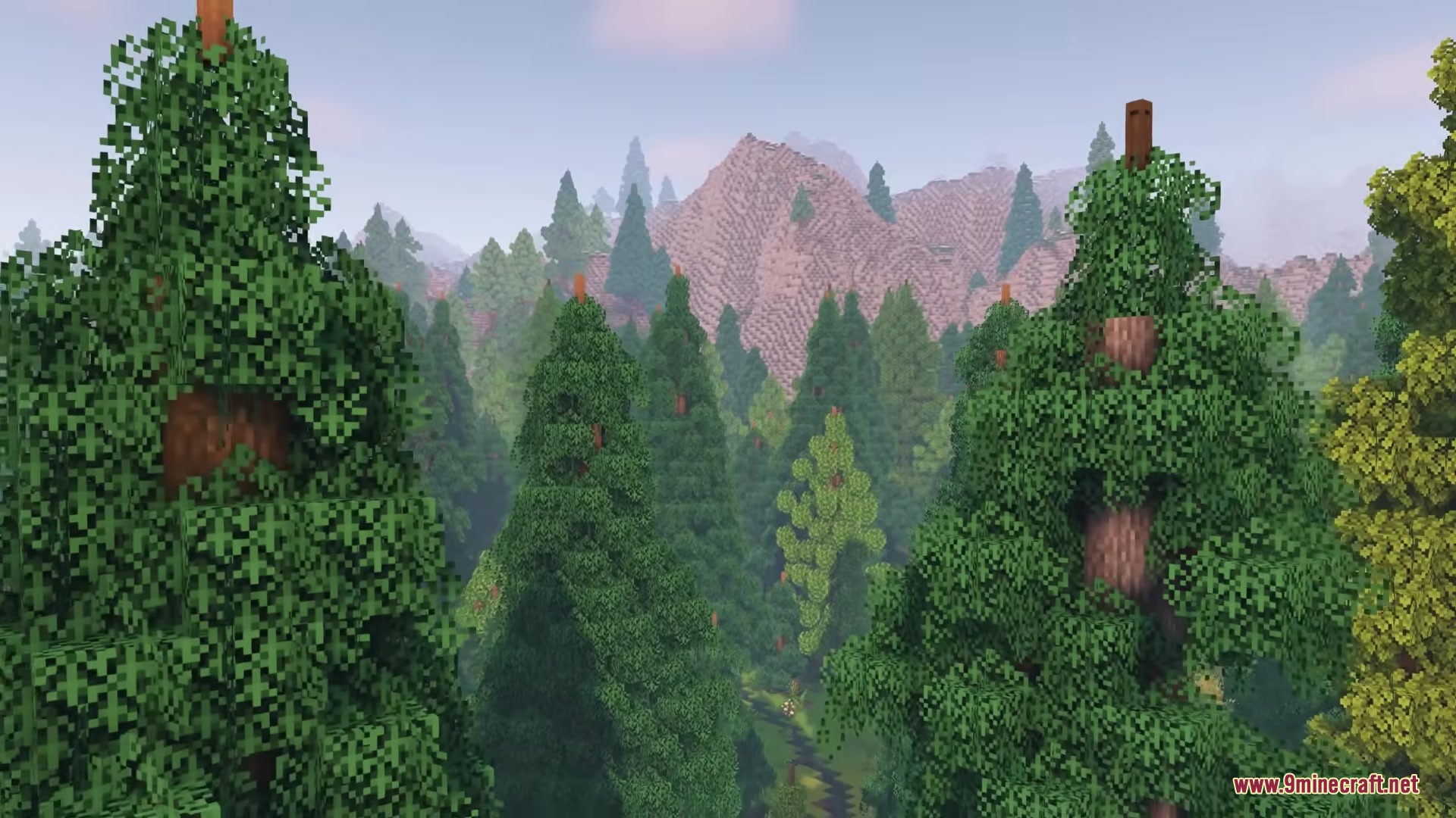 Vines & Leaves Hotbar Resource Pack Screenshot 5 Lush forest landscape featuring tall custom pine trees and distant mountains