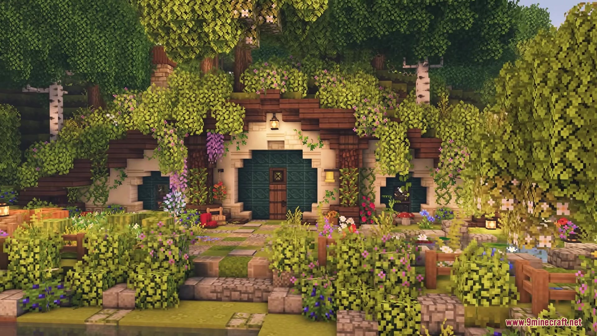 Vines & Leaves Hotbar Resource Pack Screenshot 6 Cozy hobbit style house built into a hill with beautiful flower gardens