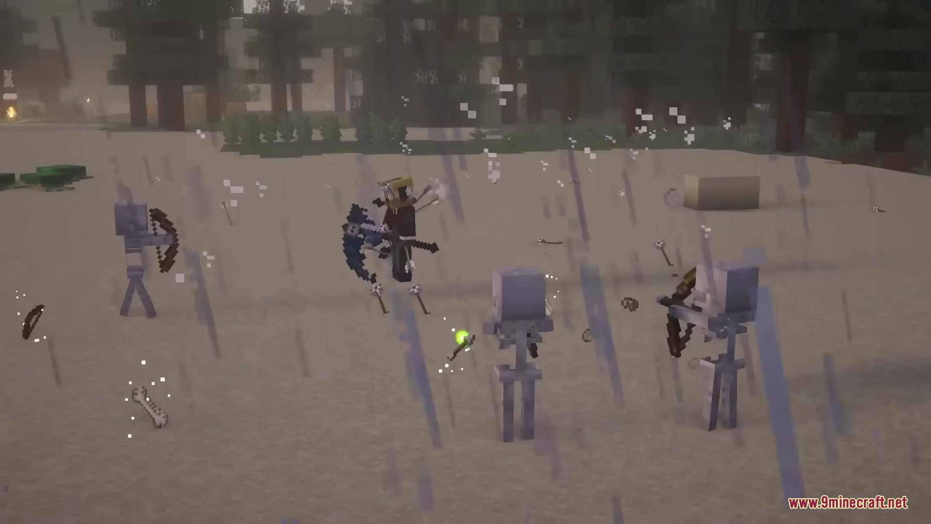 Visceral Combat Mod Screenshot 1 A player character lunges toward skeletons while fighting in the heavy rain