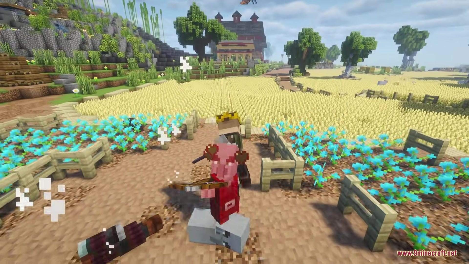 Visceral Combat Mod Screenshot 11 A player wearing a crown strikes a piglin causing white impact particles