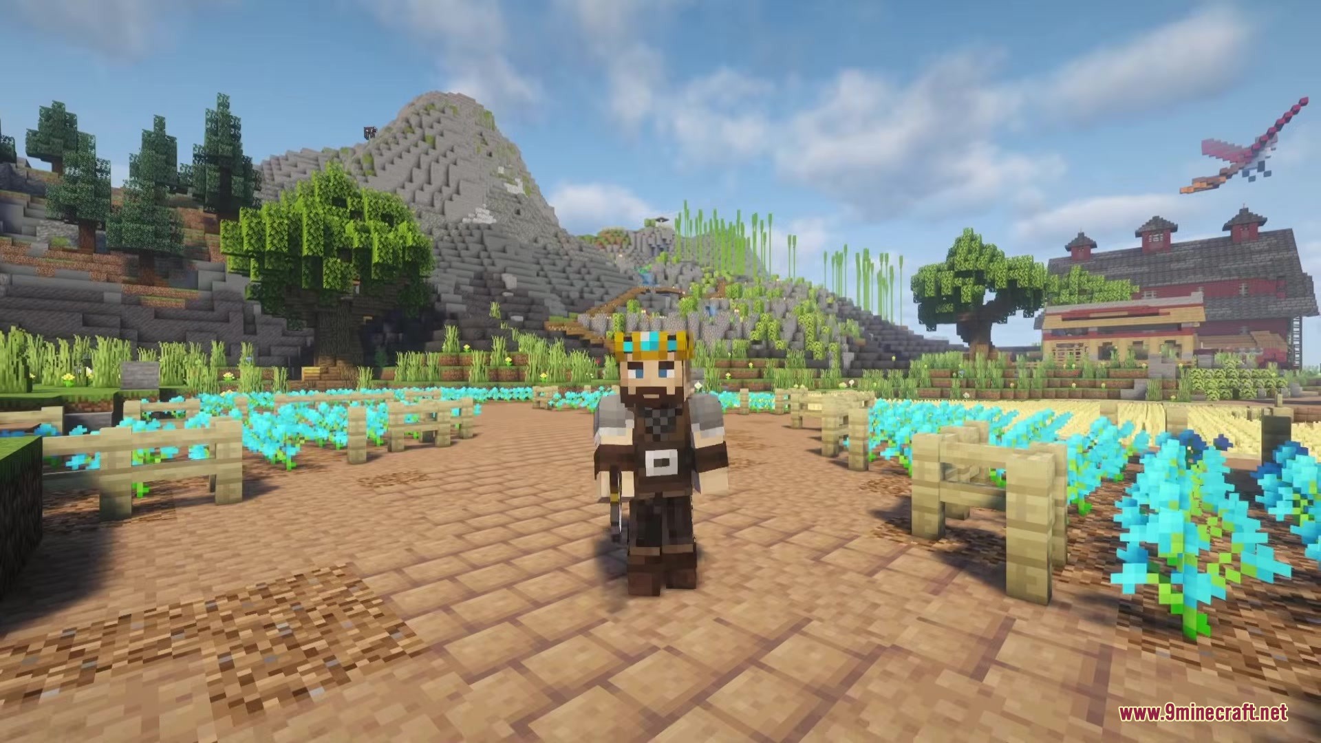 Visceral Combat Mod Screenshot 13 A crowned player standing on a path surrounded by vibrant blue flowers