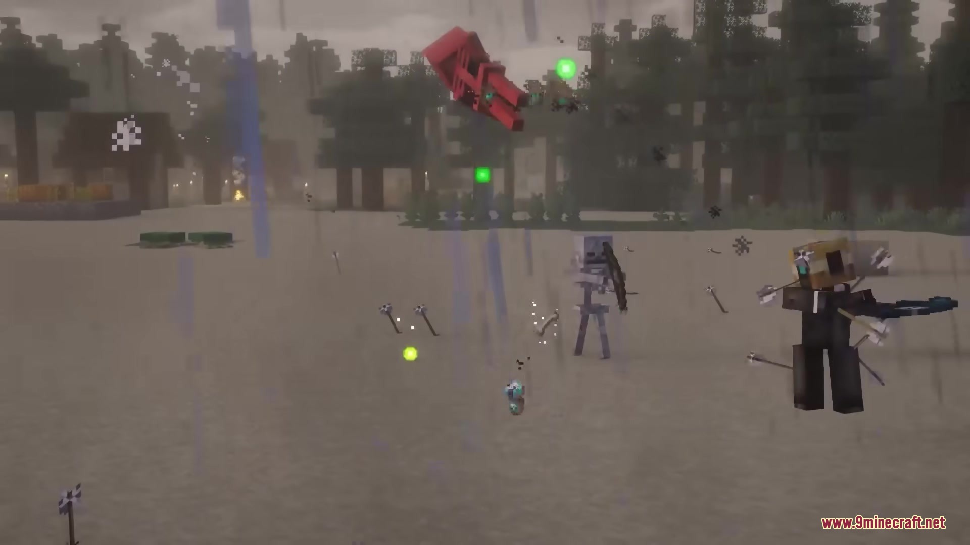 Visceral Combat Mod Screenshot 3 A player character fighting multiple enemies during a heavy rainstorm in Minecraft