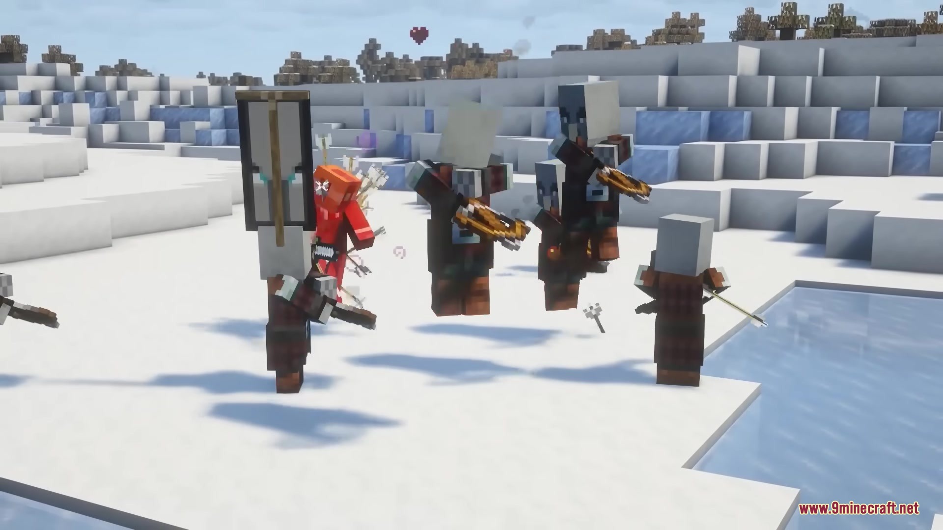 Visceral Combat Mod Screenshot 5 A player in red armor fighting a group of pillagers in the snow