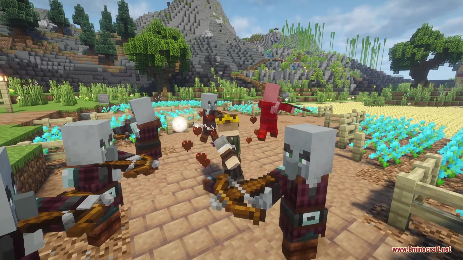 Visceral Combat Mod Screenshot 7 A crowned player battles a group of Pillagers in a flower field