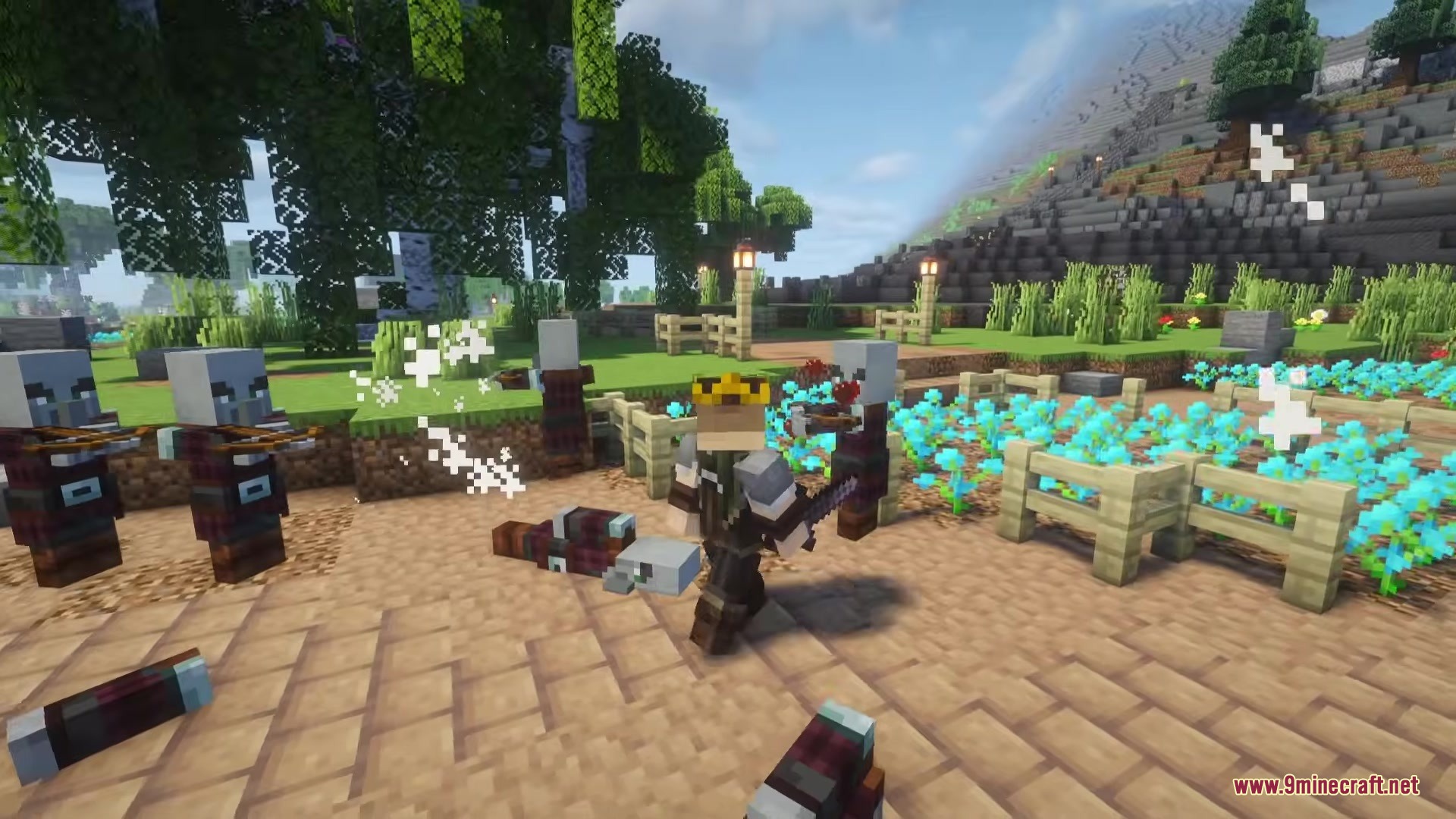 Visceral Combat Mod Screenshot 9 Crowned player battles pillagers in a garden using Visceral Combat effects