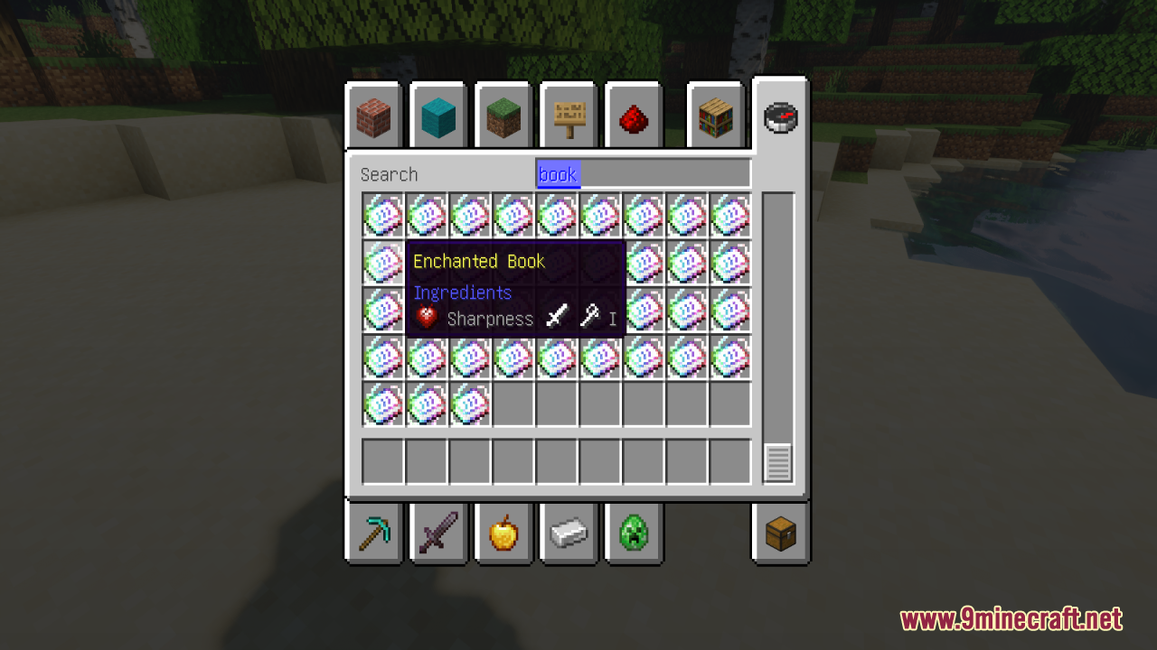 Sharpness I enchanted book displays a red cover and tool compatibility icons