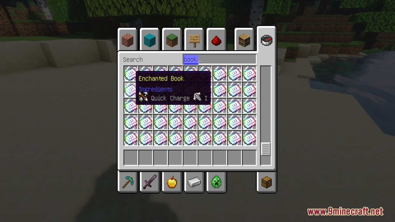 A player hovers over an enchanted book with a unique Quick Charge icon