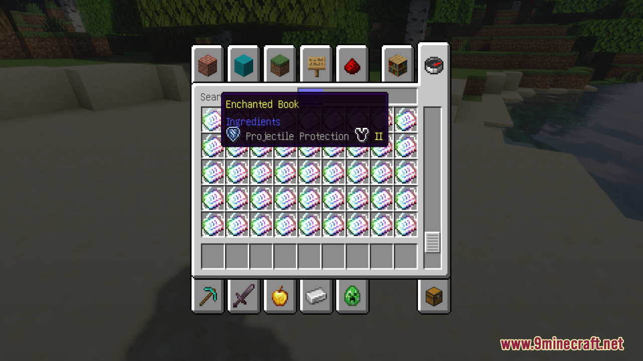 The inventory shows an enchanted book with a unique Projectile Protection icon