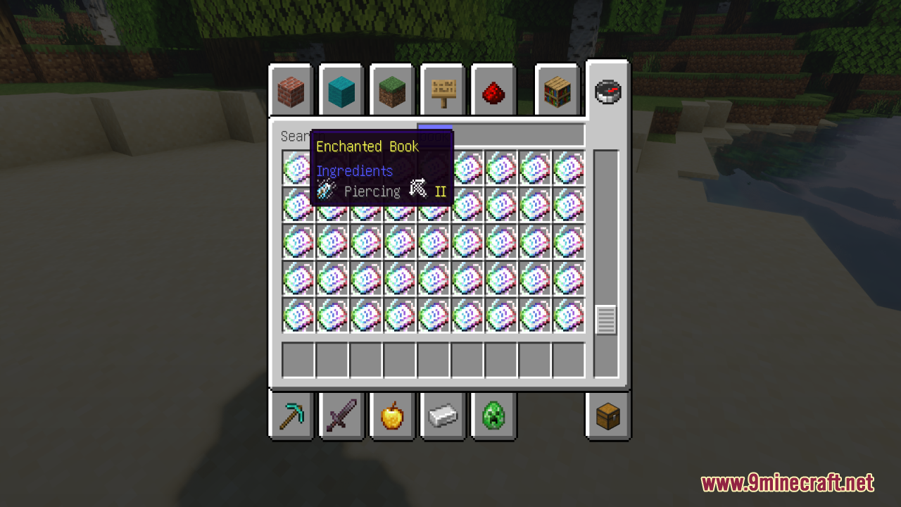 Minecraft inventory displaying unique textures for enchanted books using a resource pack