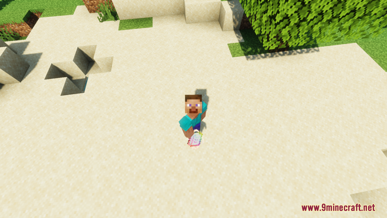 A player holds a rainbow enchanted book while standing on a sunny beach