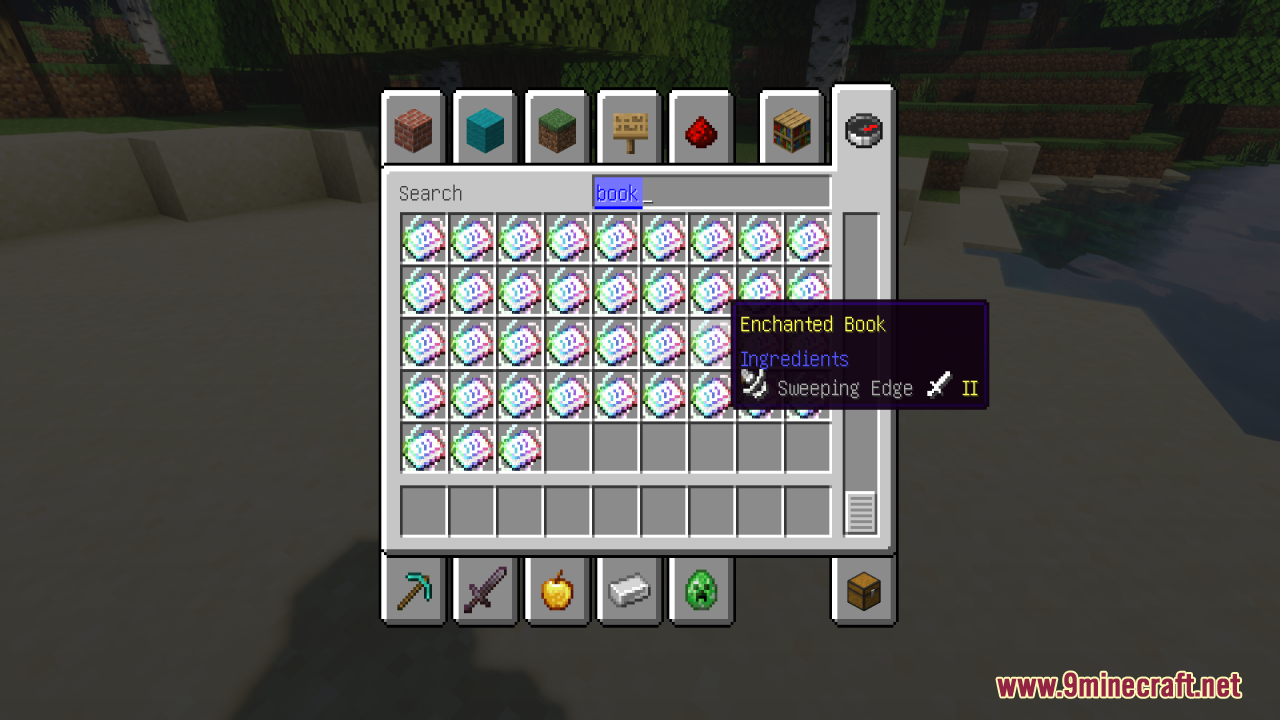 Minecraft inventory displaying an enchanted book with a custom Sweeping Edge texture