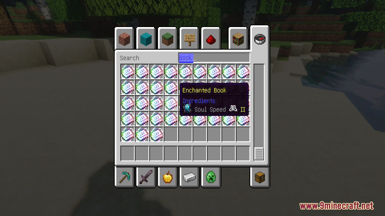 Minecraft inventory displaying an enchanted book with a custom Soul Speed texture