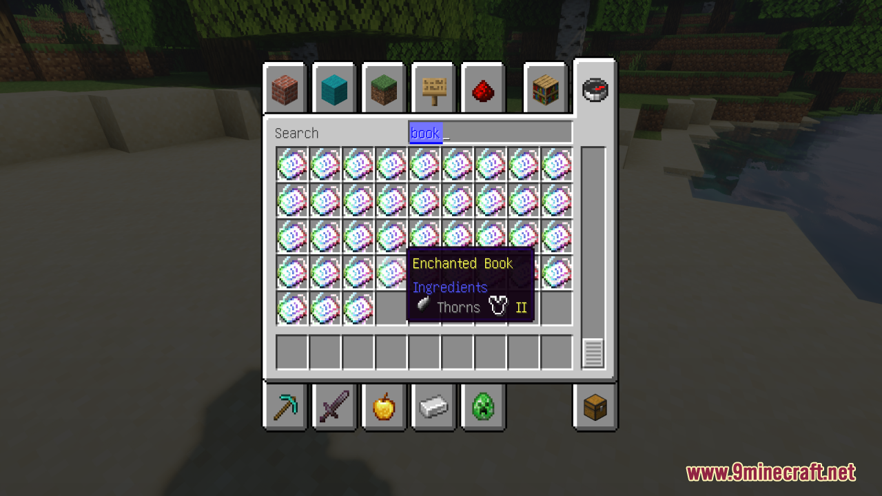 Minecraft inventory screen showing unique book textures for the Thorns II enchantment