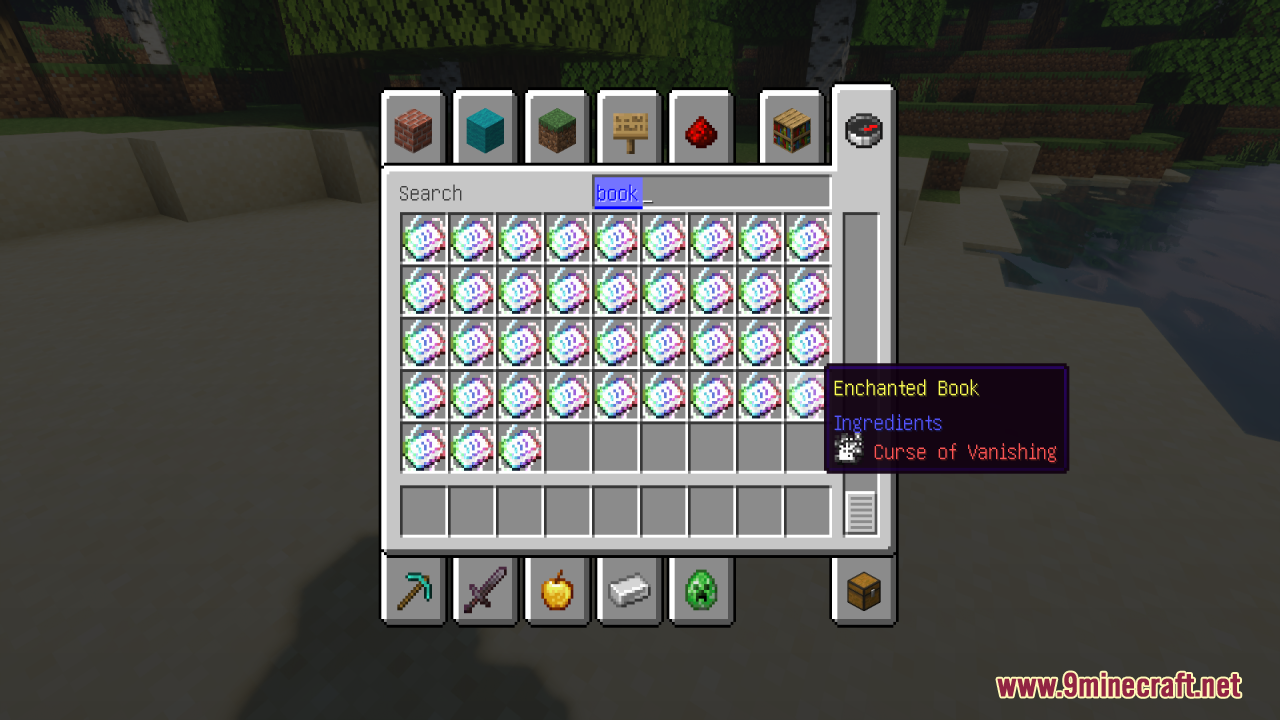 Minecraft inventory screen showing unique book textures for the Curse of Vanishing