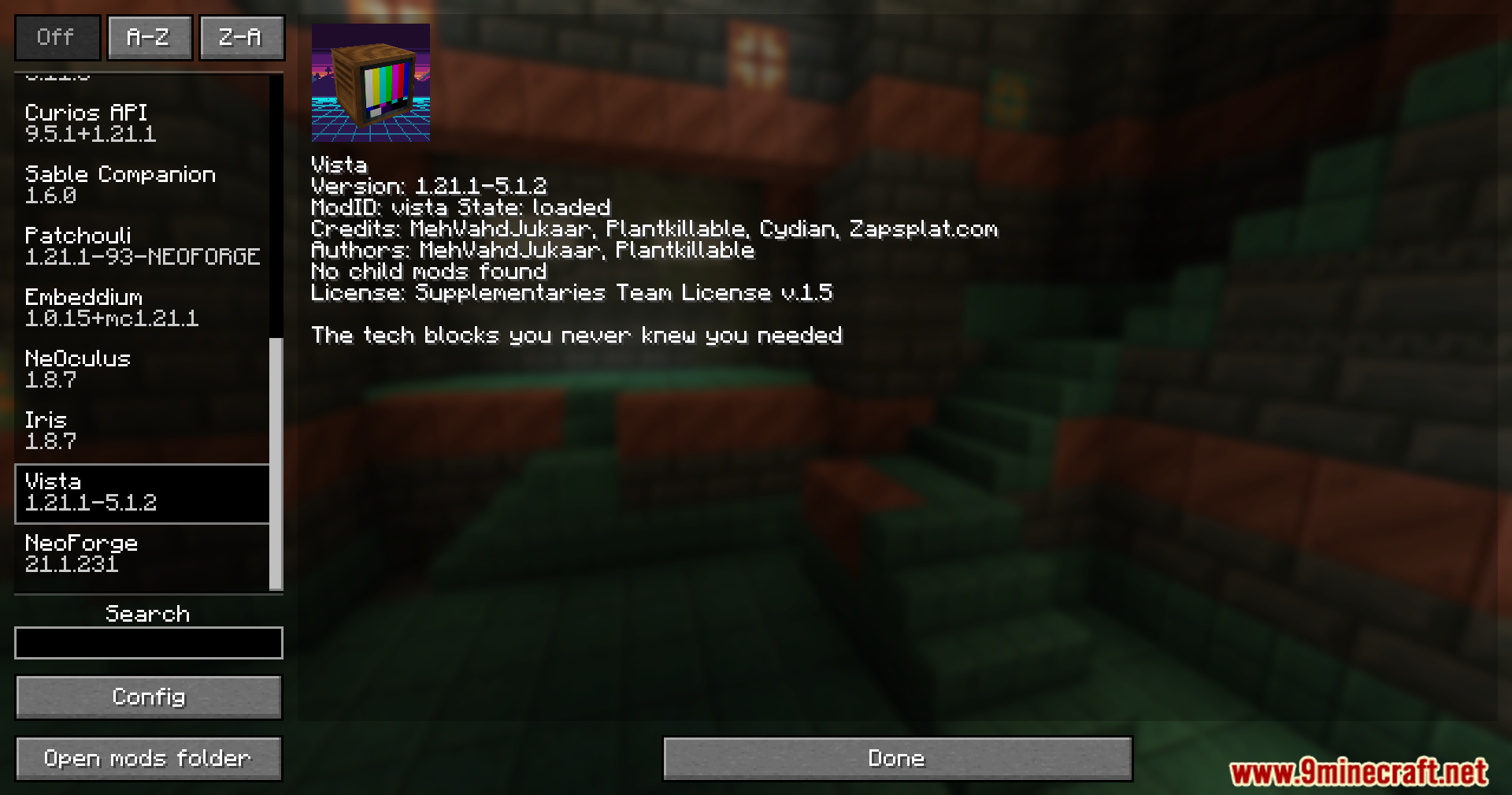 Vista Mod Screenshot 1 Minecraft mod menu screen showing the Vista mod details and version information