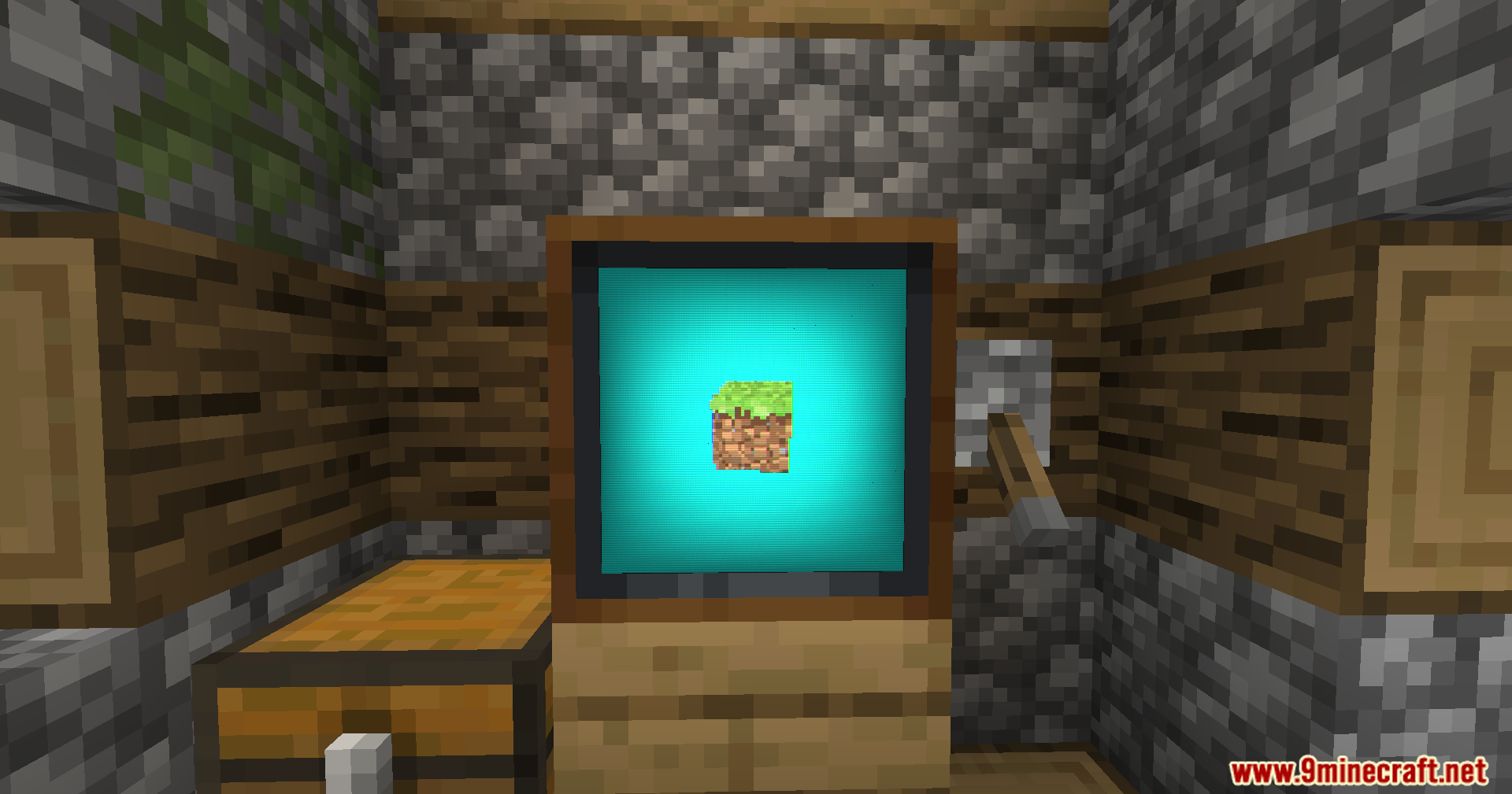 Vista Mod Screenshot 15 A television block displaying a grass block animation inside a stone room