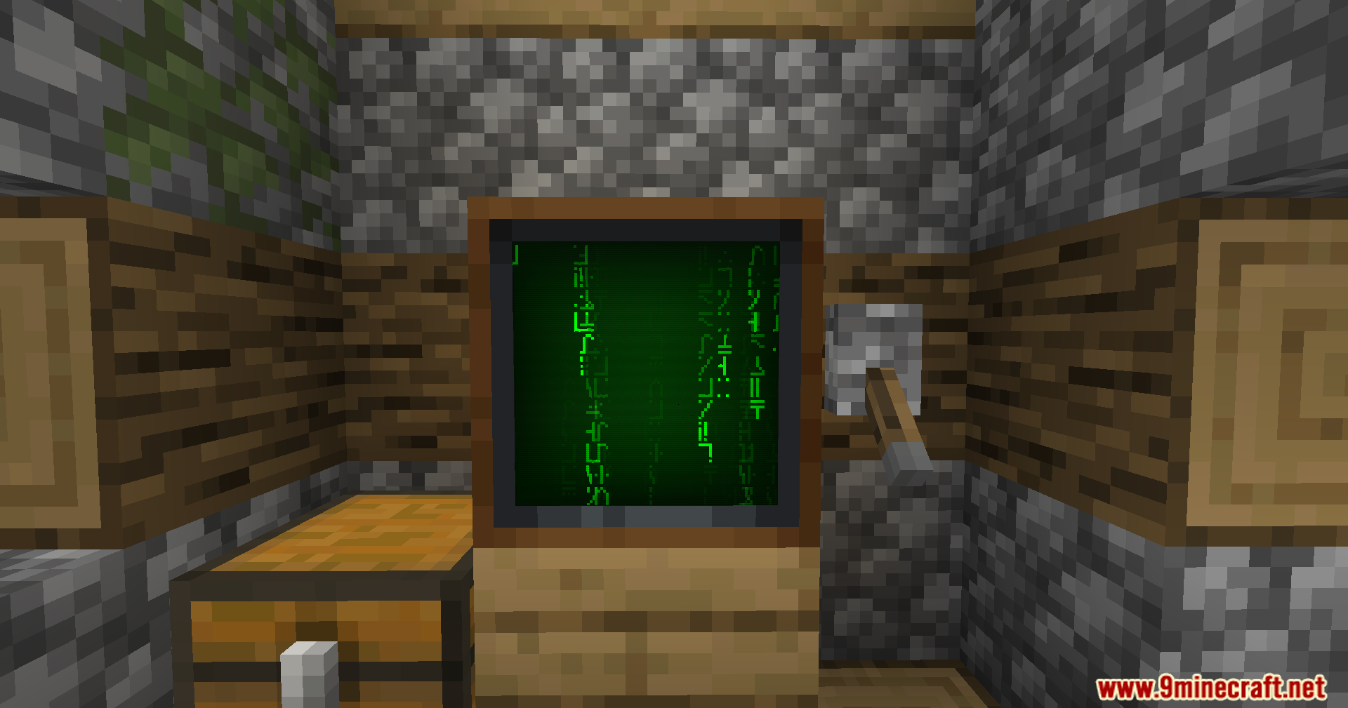 Vista Mod Screenshot 6 A television block playing a green matrix animation inside a cobblestone room