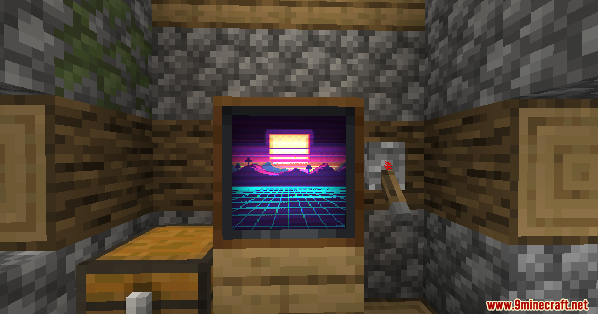Vista Mod Screenshot 9 A television block displaying a retro synthwave sunset animation in a stone room