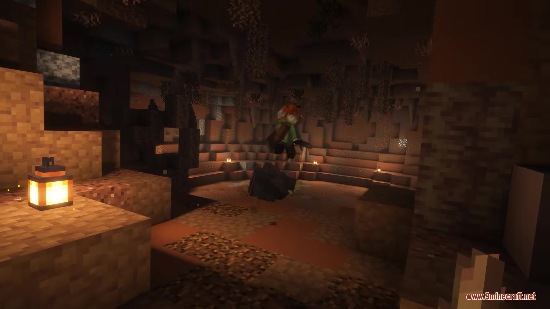 Visualhealth Mod Screenshot 10 A wounded player jumps over a mob inside a dark underground cave