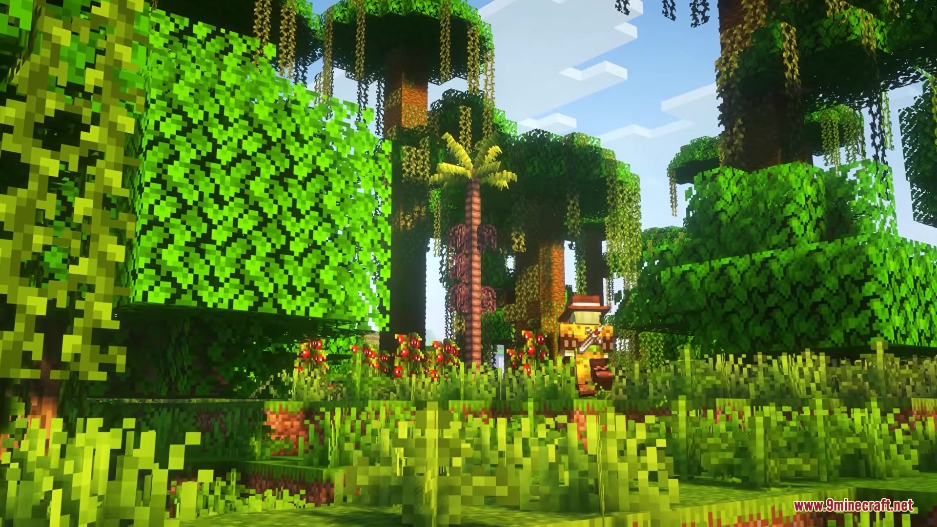 Visualhealth Mod Screenshot 5 A player character stands among red flowers in a lush Minecraft jungle biome