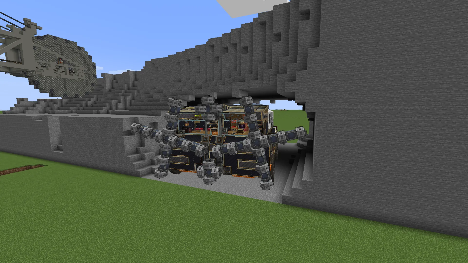 The Vulpes mining vehicle uses multiple drills to excavate a stone tunnel