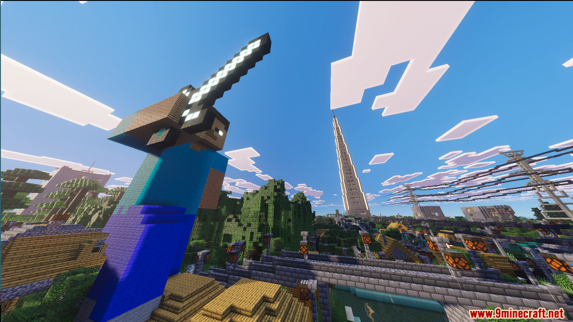 Giant Steve statue overlooking the massive urban development in WFHMC City beta Map