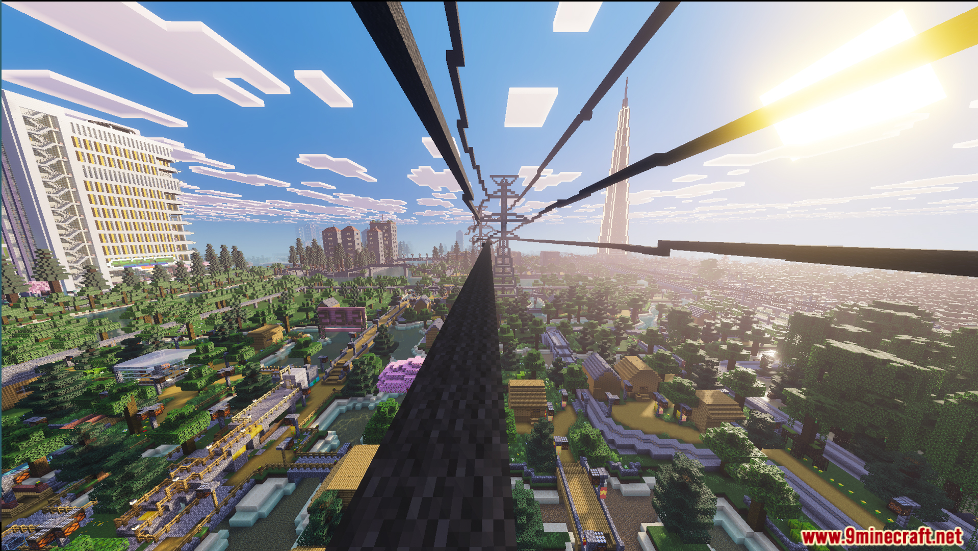 High aerial view of infrastructure stretching over a massive urban development project